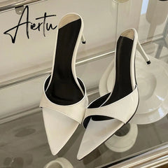Summer Fashion Low Thin Heels Women Slippers Gladiator Sandals Cozy Patent Leather Pointed Toe Slip-On Slides Shoes Mules Aiertu