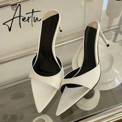 Summer Fashion Low Thin Heels Women Slippers Gladiator Sandals Cozy Patent Leather Pointed Toe Slip-On Slides Shoes Mules Aiertu