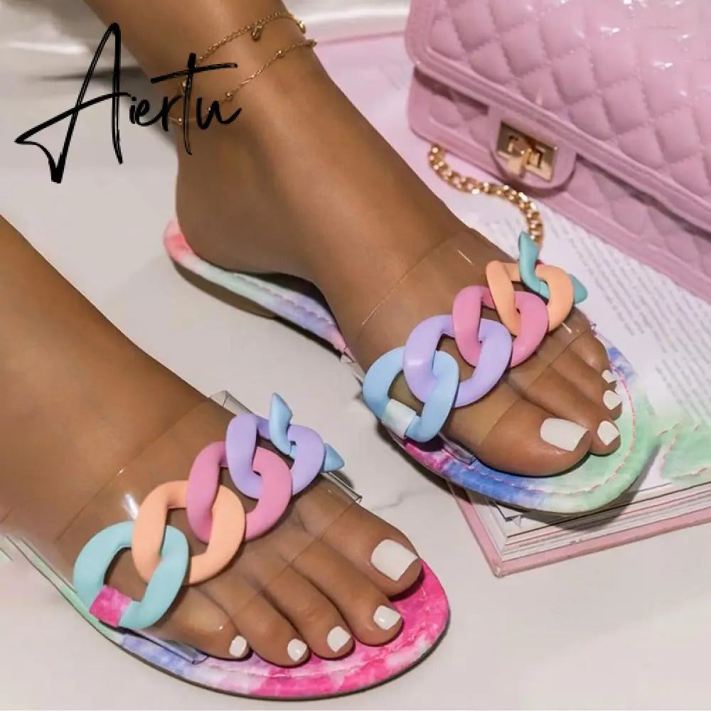 Summer Fashion Womens Roman Style Slippers Transparent Chain Decoration Flat Outdoor Womens Sandals Light Beach Slippers Aiertu