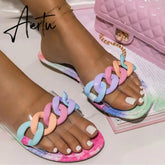 Summer Fashion Womens Roman Style Slippers Transparent Chain Decoration Flat Outdoor Womens Sandals Light Beach Slippers Aiertu