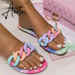 Summer Fashion Womens Roman Style Slippers Transparent Chain Decoration Flat Outdoor Womens Sandals Light Beach Slippers Aiertu