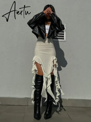 Summer Female Long Skirt Ruffled High Waist Broken High Split Fashion Pleated Sexy Solid Patchwork Maxi Skirt Aiertu
