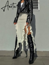 Summer Female Long Skirt Ruffled High Waist Broken High Split Fashion Pleated Sexy Solid Patchwork Maxi Skirt Aiertu