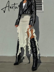 Summer Female Long Skirt Ruffled High Waist Broken High Split Fashion Pleated Sexy Solid Patchwork Maxi Skirt Aiertu