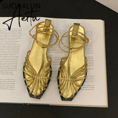 Summer Flat Heel Women Sandal Fashion New Brand Gold Narrow Band Ladies Slingback Shoes Ankle Srtrap Dress Slides Aiertu
