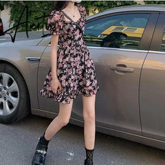 Summer Floral Dress Mini Women Puff Sleeve Dress Vintage Rose French Square Collar Chiffon A-line Short Sleeve Femme Clothes Aiertu