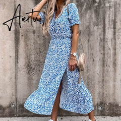 Summer Floral Print Dress Women V Neck Side Split Dress Long Robe Female Elegant Boho Short Sleeve Slim Party Dresses Vestidos Aiertu