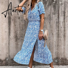 Summer Floral Print Dress Women V Neck Side Split Dress Long Robe Female Elegant Boho Short Sleeve Slim Party Dresses Vestidos Aiertu