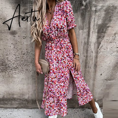 Summer Floral Print Dress Women V Neck Side Split Dress Long Robe Female Elegant Boho Short Sleeve Slim Party Dresses Vestidos Aiertu
