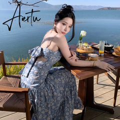 Summer Floral Print Long Dress Women Sexy Backless Bandage Slit Beach Sundresses Elegant Wedding Guest Party Sleeveless Dress Aiertu