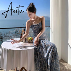 Summer Floral Print Long Dress Women Sexy Backless Bandage Slit Beach Sundresses Elegant Wedding Guest Party Sleeveless Dress Aiertu