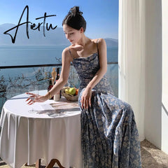 Summer Floral Print Long Dress Women Sexy Backless Bandage Slit Beach Sundresses Elegant Wedding Guest Party Sleeveless Dress Aiertu