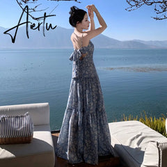 Summer Floral Print Long Dress Women Sexy Backless Bandage Slit Beach Sundresses Elegant Wedding Guest Party Sleeveless Dress Aiertu