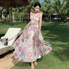 Summer Floral Print Long Dress Women Sexy Slit Beach Sundresses Bohemian Elegant Wedding Guest Party Sleeveless Dress Aiertu