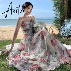 Summer Floral Print Long Dress Women Sexy Slit Beach Sundresses Bohemian Elegant Wedding Guest Party Sleeveless Dress Aiertu
