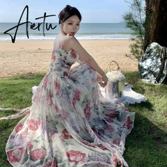 Summer Floral Print Long Dress Women Sexy Slit Beach Sundresses Bohemian Elegant Wedding Guest Party Sleeveless Dress Aiertu