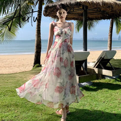 Summer Floral Print Long Dress Women Sexy Slit Beach Sundresses Bohemian Elegant Wedding Guest Party Sleeveless Dress Aiertu