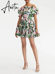 Summer Floral Ruched Dresses For Women Slash Neck Short Sleeve Patchwork Zipper Mini Dress Female Fashion Casual Clothes New Aiertu