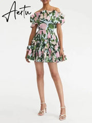 Summer Floral Ruched Dresses For Women Slash Neck Short Sleeve Patchwork Zipper Mini Dress Female Fashion Casual Clothes New Aiertu