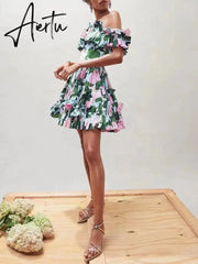 Summer Floral Ruched Dresses For Women Slash Neck Short Sleeve Patchwork Zipper Mini Dress Female Fashion Casual Clothes New Aiertu