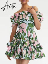 Summer Floral Ruched Dresses For Women Slash Neck Short Sleeve Patchwork Zipper Mini Dress Female Fashion Casual Clothes New Aiertu