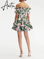 Summer Floral Ruched Dresses For Women Slash Neck Short Sleeve Patchwork Zipper Mini Dress Female Fashion Casual Clothes New Aiertu