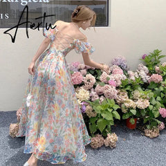 Summer French Vintage Floral Beach Dress Puff Sleeve Sexy Backless Slip Dresses Elegant Temperament Korea Long Dress Aiertu