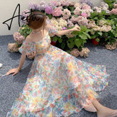 Summer French Vintage Floral Beach Dress Puff Sleeve Sexy Backless Slip Dresses Elegant Temperament Korea Long Dress Aiertu