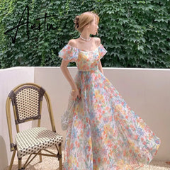 Summer French Vintage Floral Beach Dress Puff Sleeve Sexy Backless Slip Dresses Elegant Temperament Korea Long Dress Aiertu