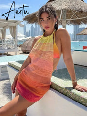 Summer Gradient Backless Knit Dress Women New Mini Beach Party Halter Dress Holiday Slim Ladies Stretch Sweater Dress Aiertu