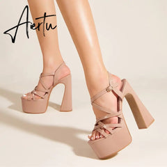 Summer Hollow Out Leather Narrow Band Open Toe Super High Heels Women Sandals Fashion Buckle Strap Chunky Platform Shoes Aiertu