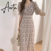 Summer Korean Style Elegant dress vintage Floral Print High Waist V-neck Short Sleeve Fashion Casual Ankle-length Dresses Aiertu