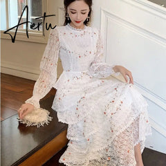Summer Lace Flower Embroidery Long Cake Dress Women A-Line Long Sleeve Six Layers Ruffles Dress Runway Elegant Party Dress A383 Aiertu