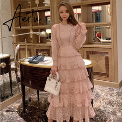 Summer Lace Flower Embroidery Long Cake Dress Women A-Line Long Sleeve Six Layers Ruffles Dress Runway Elegant Party Dress A383 Aiertu