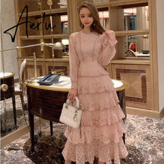 Summer Lace Flower Embroidery Long Cake Dress Women A-Line Long Sleeve Six Layers Ruffles Dress Runway Elegant Party Dress A383 Aiertu