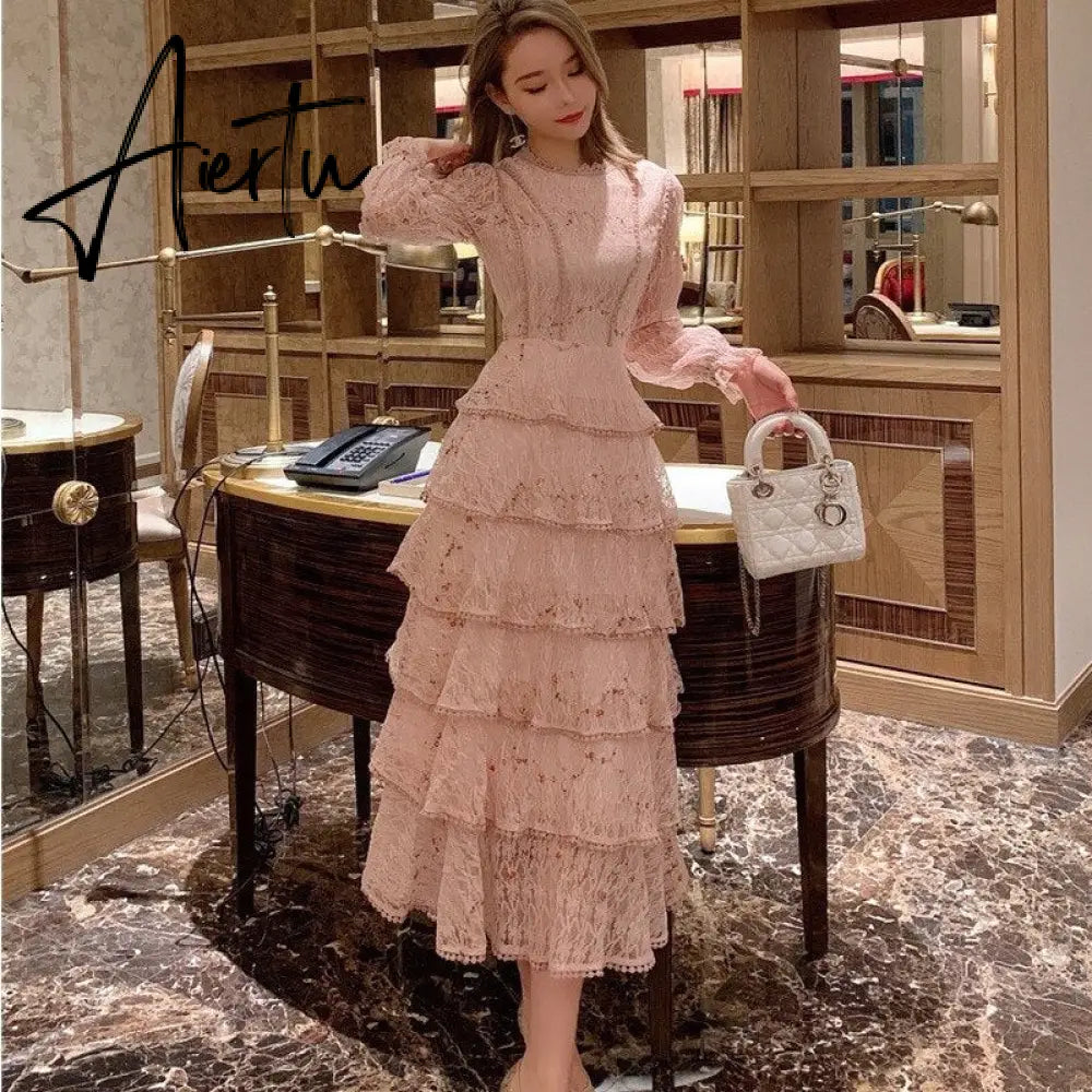 Summer Lace Flower Embroidery Long Cake Dress Women A-Line Long Sleeve Six Layers Ruffles Dress Runway Elegant Party Dress A383 Aiertu