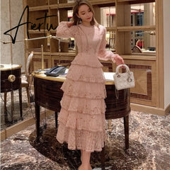 Summer Lace Flower Embroidery Long Cake Dress Women A-Line Long Sleeve Six Layers Ruffles Dress Runway Elegant Party Dress A383 Aiertu