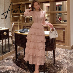 Summer Lace Flower Embroidery Long Cake Dress Women A-Line Long Sleeve Six Layers Ruffles Dress Runway Elegant Party Dress A383 Aiertu