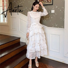 Summer Lace Flower Embroidery Long Cake Dress Women A-Line Long Sleeve Six Layers Ruffles Dress Runway Elegant Party Dress A383 Aiertu