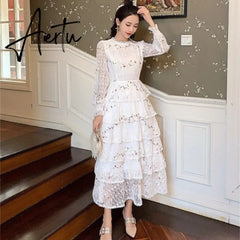 Summer Lace Flower Embroidery Long Cake Dress Women A-Line Long Sleeve Six Layers Ruffles Dress Runway Elegant Party Dress A383 Aiertu