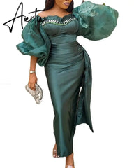 Summer Long Bodycon Women Sexy Dresses Ruffles Elegent Commute Party Women's Dress Office Lady Green Wrap Bubble Sleeve Aiertu