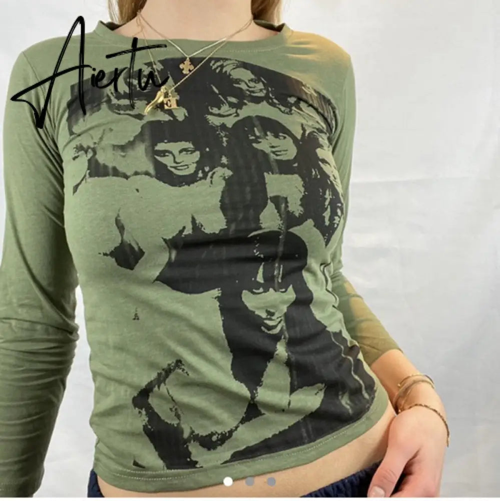 Summer Long Sleeve Crop Top Green Women Print Sexy T Shirts Basic Streetwear Casual Tops Shirt Vintage Fashion Aiertu