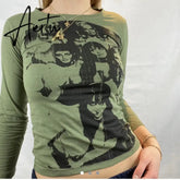 Summer Long Sleeve Crop Top Green Women Print Sexy T Shirts Basic Streetwear Casual Tops Shirt Vintage Fashion Aiertu