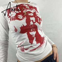 Summer Long Sleeve Crop Top Green Women Print Sexy T Shirts Basic Streetwear Casual Tops Shirt Vintage Fashion Aiertu