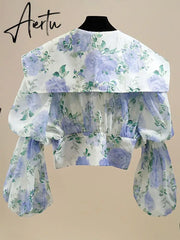Summer Loose Shirts For Women Peter Pan Collar Lantern Sleeve Casual Temperament Hit Color Blouse Female Fashion Aiertu