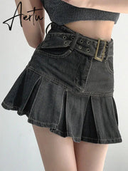Summer New Denim Short Skirt Women Retro Sexy High Waist A-line Pleated Skirt Ladies Korean Fashion Hot Girl Style Skirt Aiertu