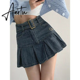 Summer New Denim Short Skirt Women Retro Sexy High Waist A-line Pleated Skirt Ladies Korean Fashion Hot Girl Style Skirt Aiertu