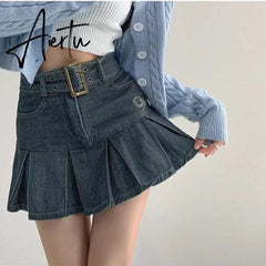 Summer New Denim Short Skirt Women Retro Sexy High Waist A-line Pleated Skirt Ladies Korean Fashion Hot Girl Style Skirt Aiertu