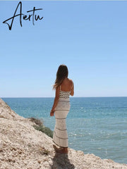 Summer New Dress Women's Beach Style Knitted Slim Fit Slim Strap Long Dresses Color Knitted Hollow Elegant Tight Vestidos Aiertu