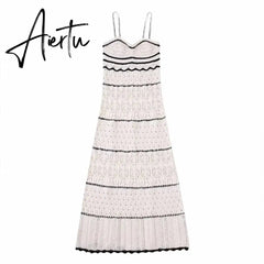 Summer New Dress Women's Beach Style Knitted Slim Fit Slim Strap Long Dresses Color Knitted Hollow Elegant Tight Vestidos Aiertu